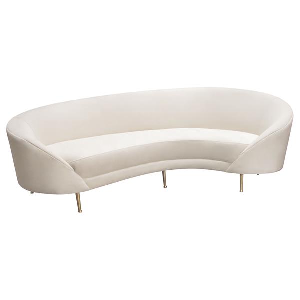 Celine Curved Sofa with Contoured Back in Light Cream Velvet and Gold Metal Legs 