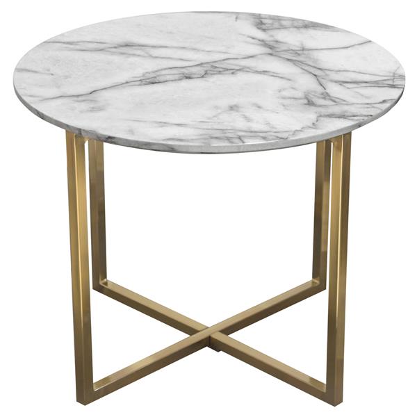 Vida 24-Inch Round End Table with Faux Marble Top and Brushed Gold Metal Frame 