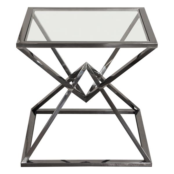 Aria Square Stainless Steel End Table with Black Finish Base and Tempered Glass Top 