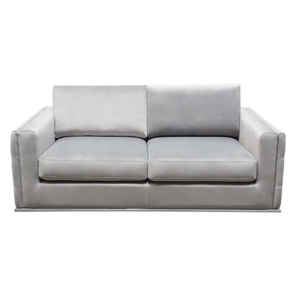 Envy Loveseat in Platinum Grey Velvet with Tufted Outside Detail and Silver Metal Trim 