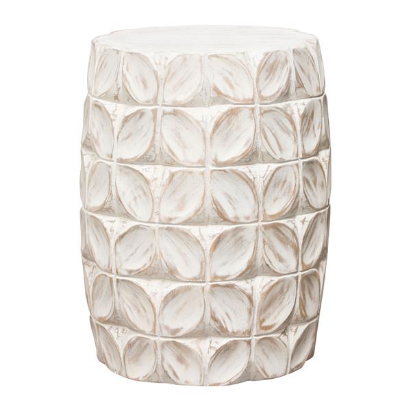 Fig Solid Mango Wood Accent Table in Distressed White Finish with Leaf Motif 