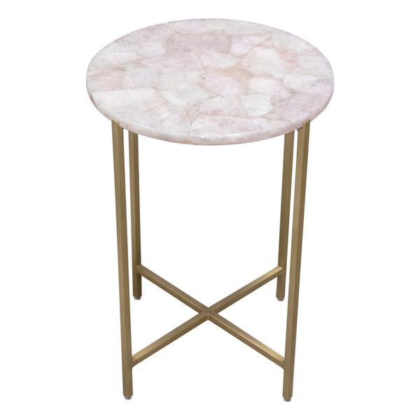 Mika Round Accent Table with Rose Quartz Top and Brass Base 