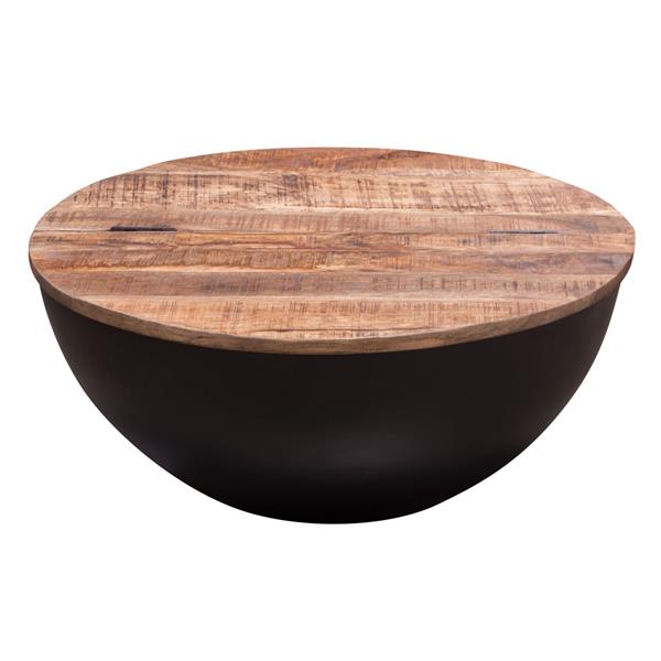 Salem Round Drum Storage Cocktail Table with Natural Mango Wood Top 