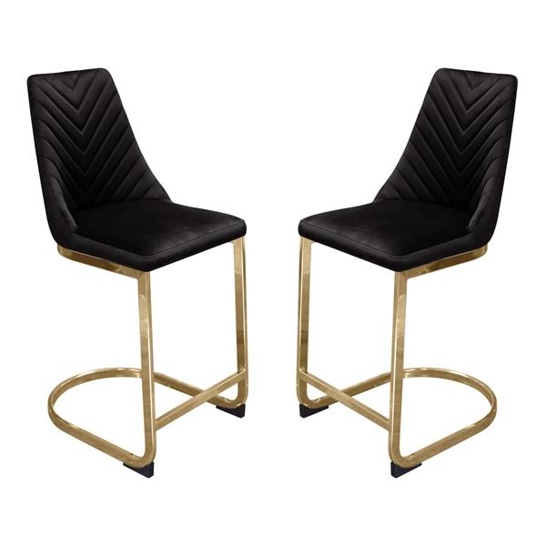 Vogue Set of Two Bar Height Chairs in Black Velvet with Gold Metal Base 