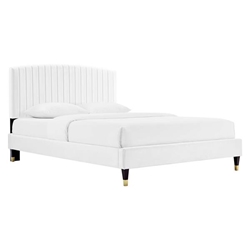 Alessi Performance Velvet Queen Platform Bed - White with Gold Metal Sleeve Legs 