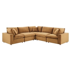 Commix Down Filled Overstuffed Performance Velvet 5-Piece Sectional Sofa - Cognac - Style A 