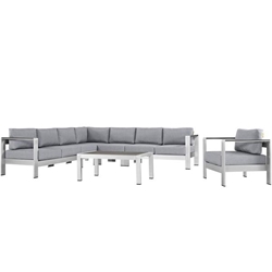 Shore 7 Piece Outdoor Patio Aluminum Sectional Sofa Set - Silver Gray 