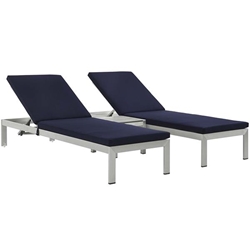 Shore 3 Piece Outdoor Patio Aluminum Chaise with Cushions - Silver Navy 