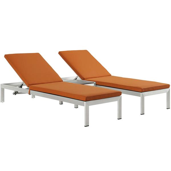Shore 3 Piece Outdoor Patio Aluminum Chaise with Cushions - Silver Orange 
