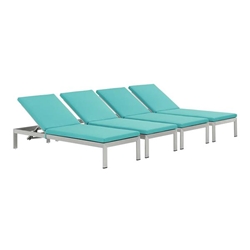 Shore Chaise with Cushions Outdoor Patio Aluminum Set of 4 - Silver Turquoise 