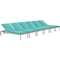 Shore Chaise with Cushions Outdoor Patio Aluminum Set of 6 - Silver Turquoise 