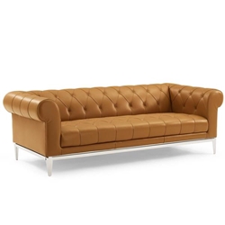 Idyll Tufted Button Upholstered Leather Chesterfield Sofa - Tan 