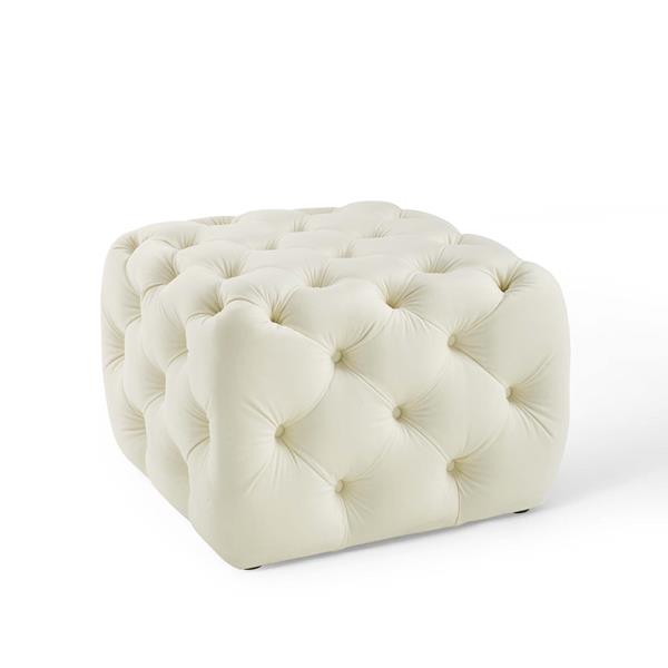 Amour Tufted Button Square Performance Velvet Ottoman - Ivory 