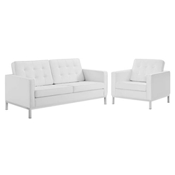 Loft Tufted Upholstered Faux Leather Loveseat and Armchair Set - Silver White 