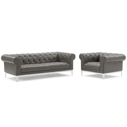 Idyll Tufted Upholstered Leather Sofa and Armchair Set - Gray 