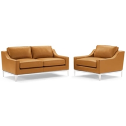 Harness Stainless Steel Base Leather Loveseat & Armchair Set - Tan 