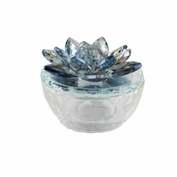 Glass Trinket Box Clear Withlt Blue Lotus Top 