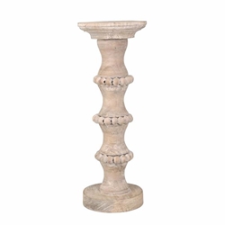 Wooden 15" Banded Bead Candle Holder - Distressed Ivory 