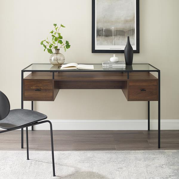 56" 2 Drawer Glass Top Desk - Dark Walnut 