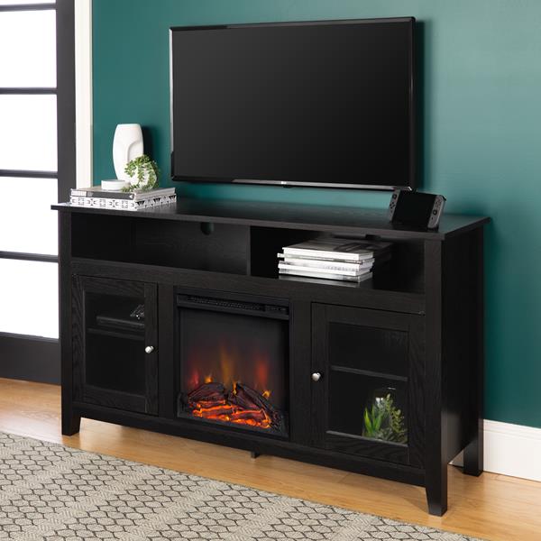 58" Transitional Fireplace Glass Wood TV Stand - Black 