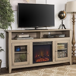 58" Transitional Fireplace Glass Wood TV Stand - Driftwood 
