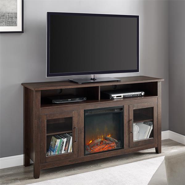 58" Transitional Fireplace Glass Wood TV Stand - Traditional Brown 